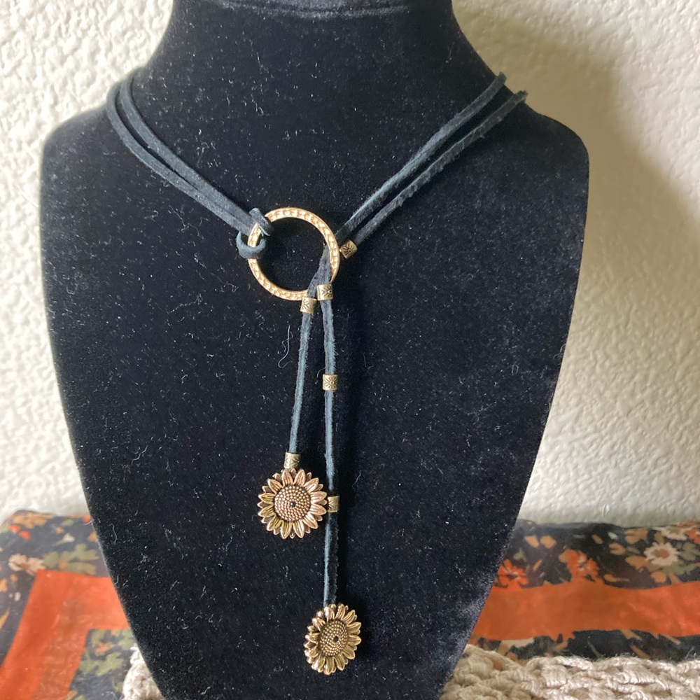 Gold Toned Sunflower Charm Lariat Necklace with Black Suede Cord